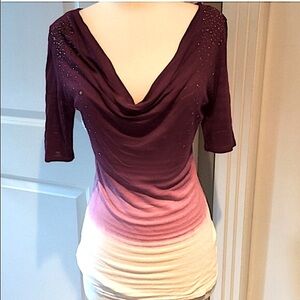 Vintage Y2K T-Party Ombre Cowl Neck Top with Rhinestones-Maroon/Purple Gradient